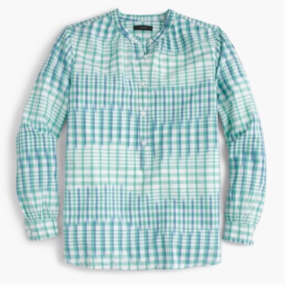 J. Crew Blue Green Gingham Popover Ikat Shirt
